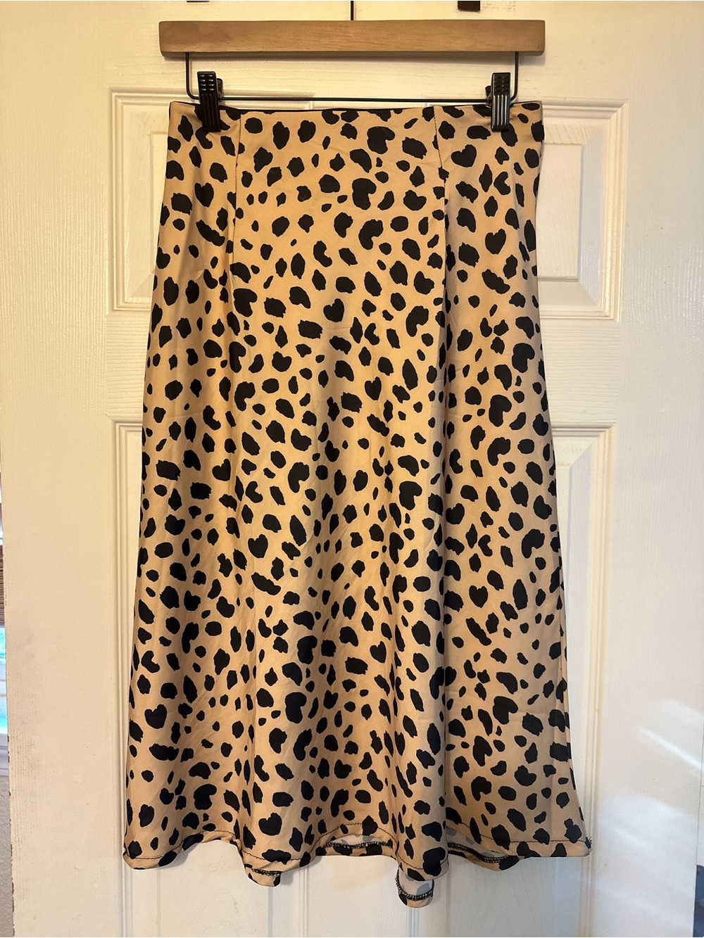 Women's Beige and Black Leopard Print A-Line Midi Skirt